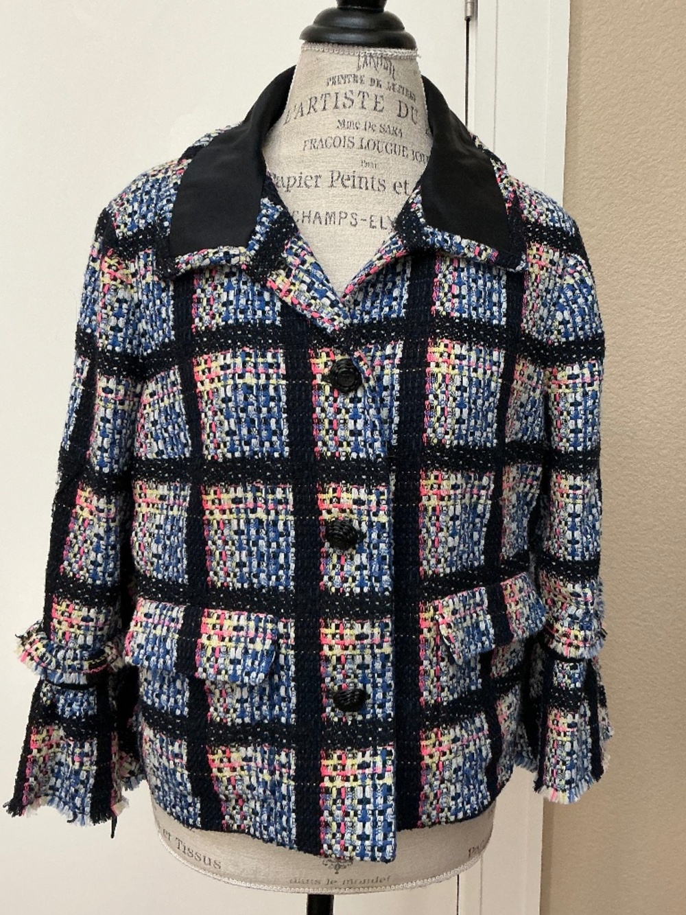 CHANEL AUTH Bow Detail Multicolor Tweed CC Logo Button Blazer Jacket SIZE 50